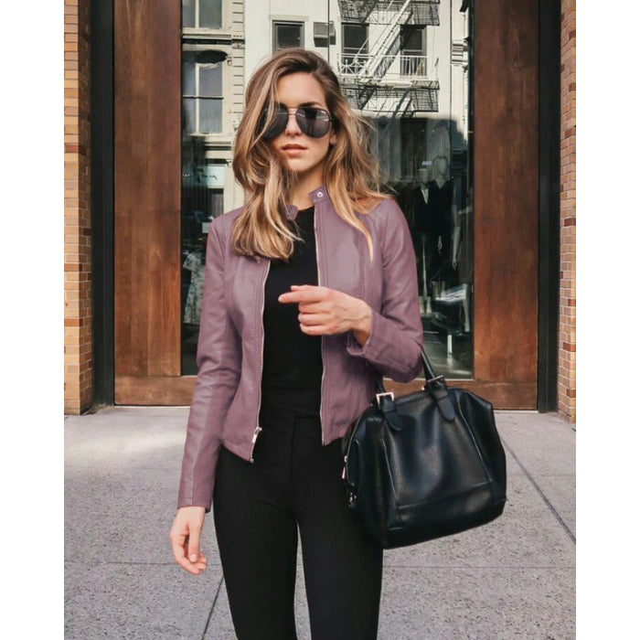 PU Leather Zipper Jacket For Women