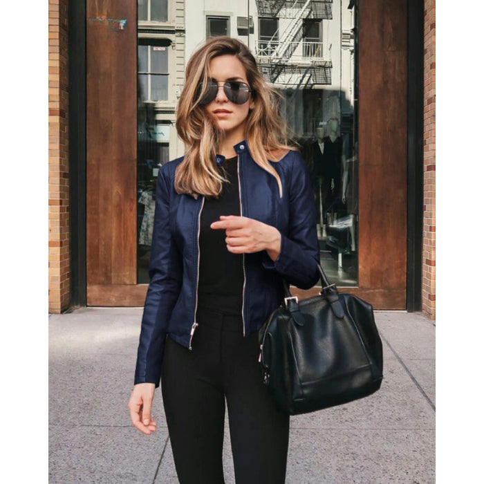 PU Leather Zipper Jacket For Women