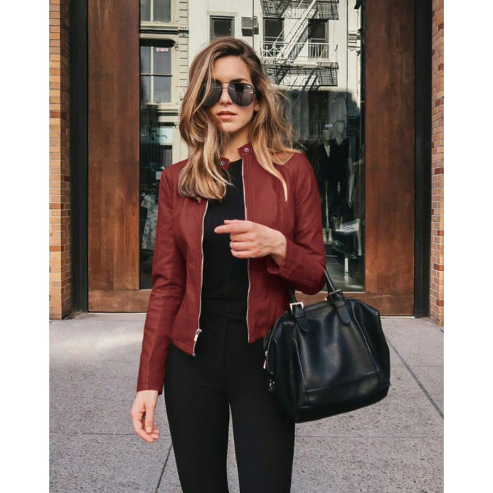 PU Leather Zipper Jacket For Women