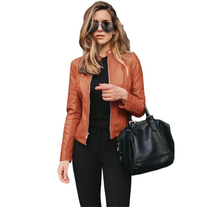 PU Leather Zipper Jacket For Women