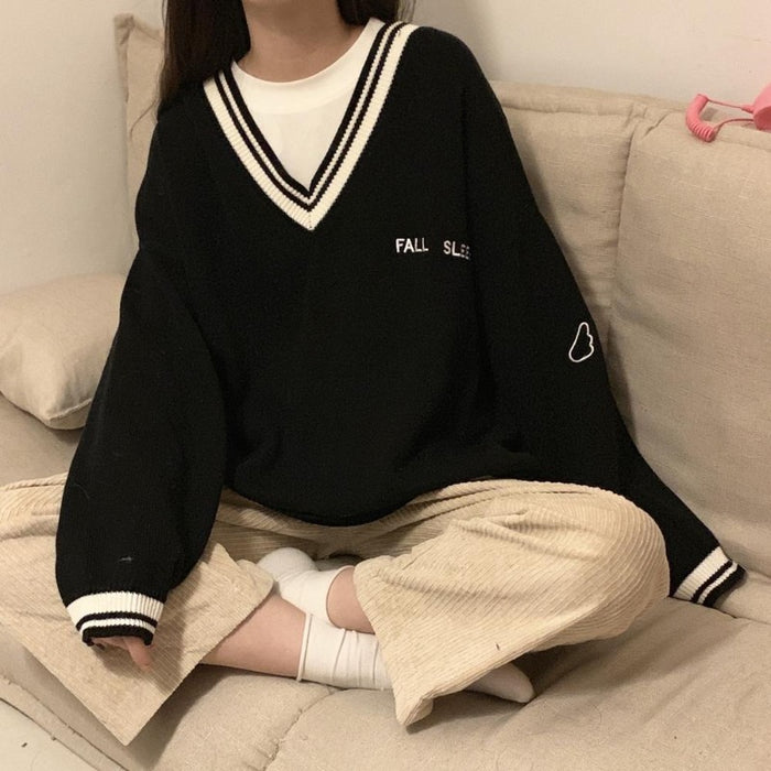 Vintage V-neck All-Match Long Sleeve Sweater